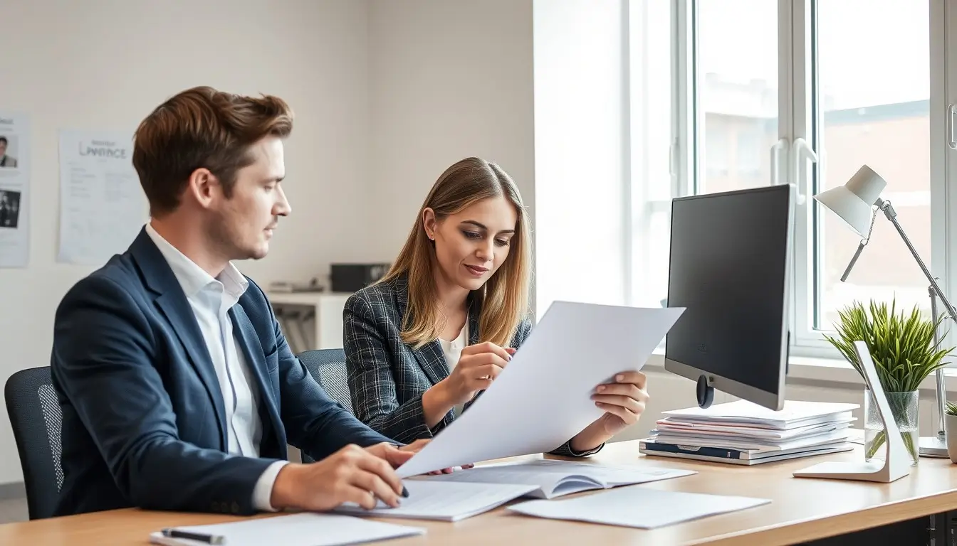 accountant colleagues studying papers together